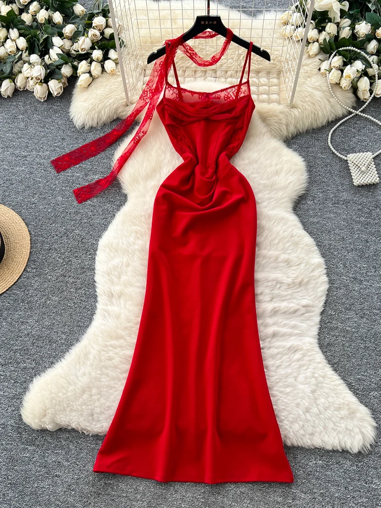 

Pure Desire Lace Splice Strapl Long Dr Women's High Waist A-Line Summer Dr Bal Slim Fit Red Color Holiday Wear