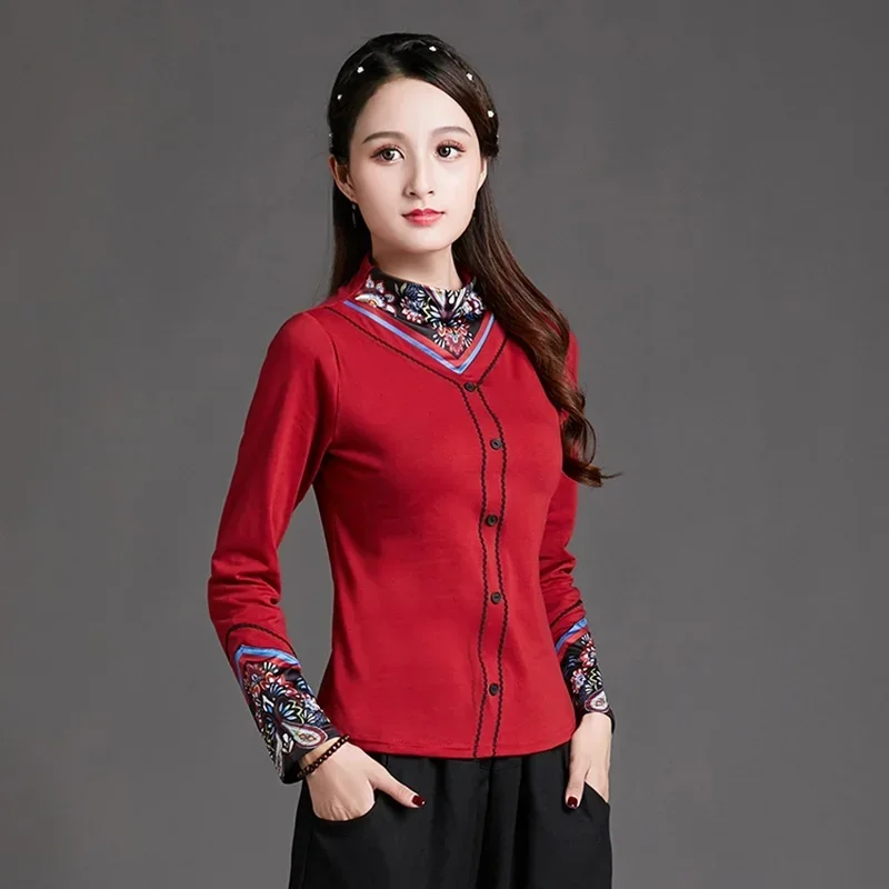 بلوزة تقليدية ريترو السيدات الياقة المدورة خمر تي شيرت سليم أنيق الصينية شيونغسام القمم للنساء FF247 MN1