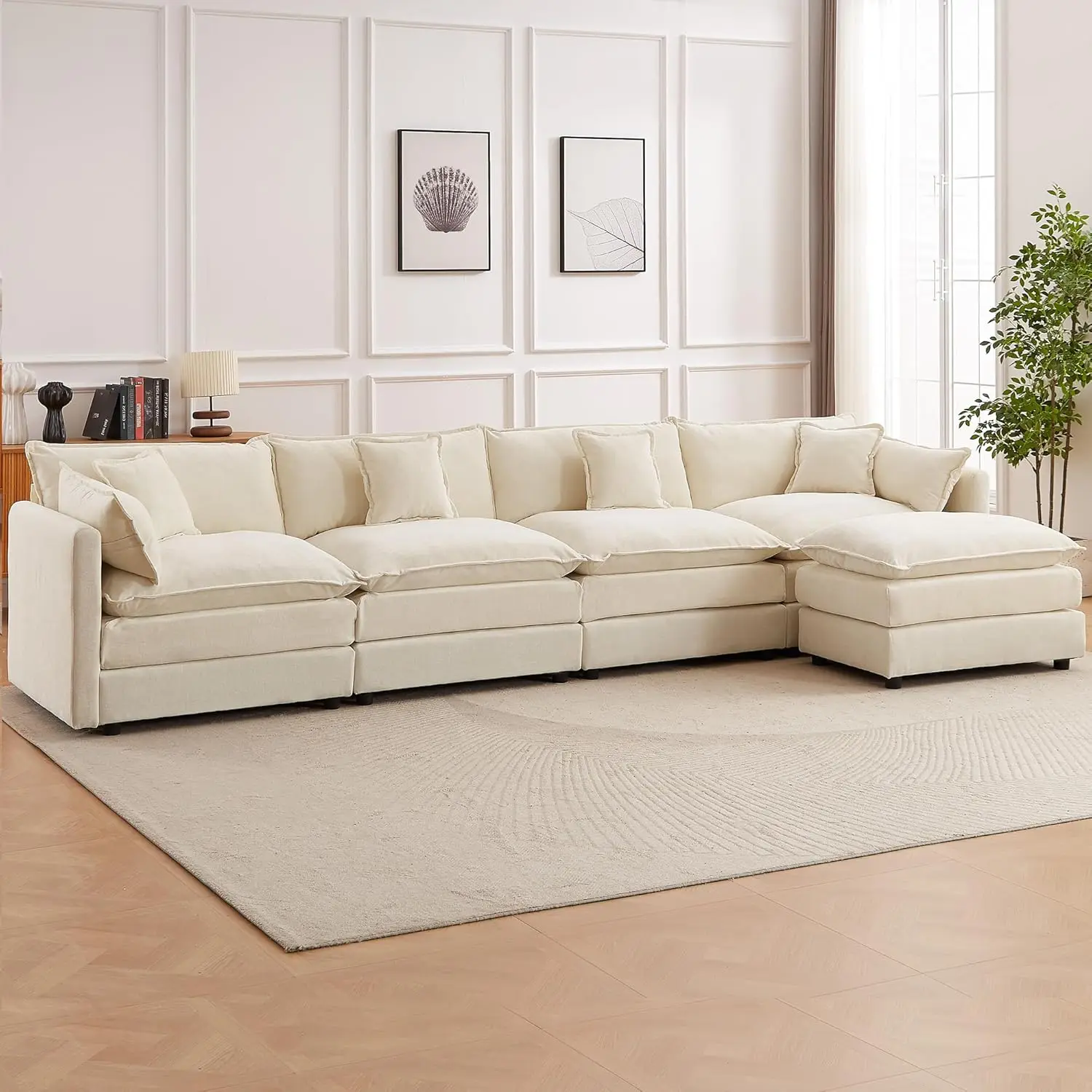 

147.2" L-Shape Modular Sectional Sofa 4-Seat Comfy Cloud Set With Movable Ottoman For Living Room Apartment, Customized