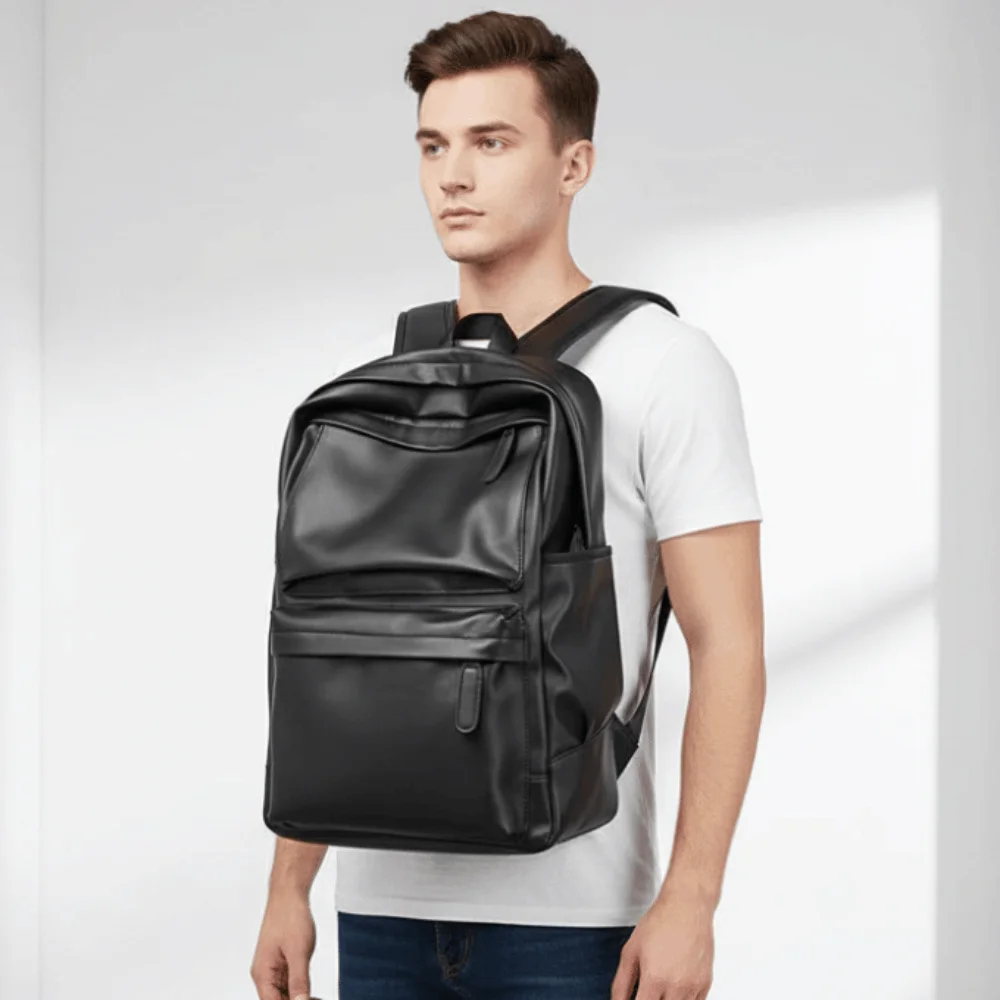 

PVC Leather Backpack Men Water Resistant Padded Shoulder Strap Laptop School Bag Dual Side Slot Hidden Zipper Pocket