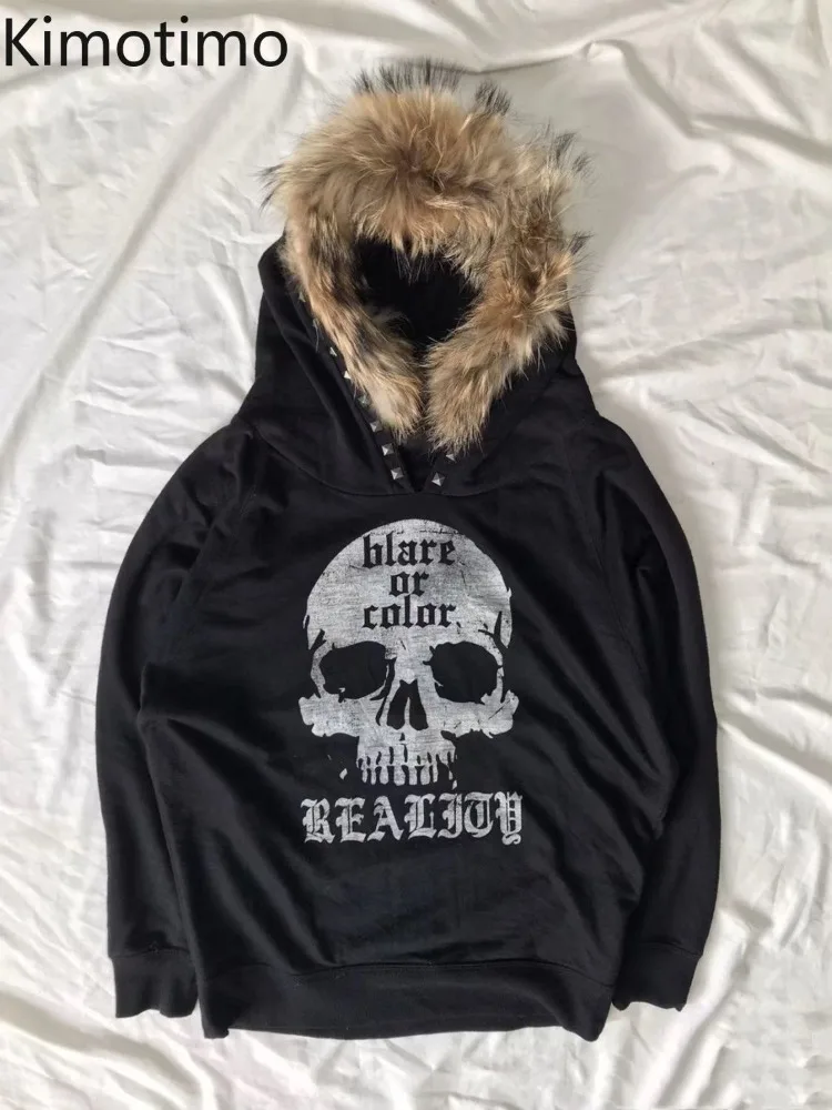 

Kimotimo Vintage Skull Letter Printed Hoodies Women Harajuku Y2k Faux Fur Hooded Sweatshirt 2025 Autumn Winter Punk Gothic Tops
