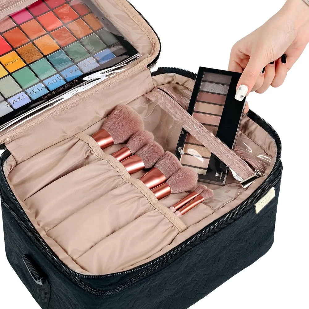 Extra Large Double Layer Travel Makeup Bag, Cosmetic Organizer Case with Shoulder Strap for Bottles, Brushes, Conditioner, Skin Care Products view 4