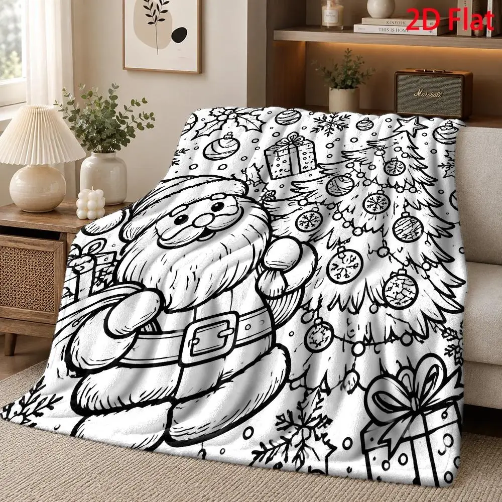 1pc Fluffy Throw Blanket, 2D Flat Line Art Santa Claus Christmas Tree Print, Warm Blanket for Sofa Bedroom, Camping Decor Gift