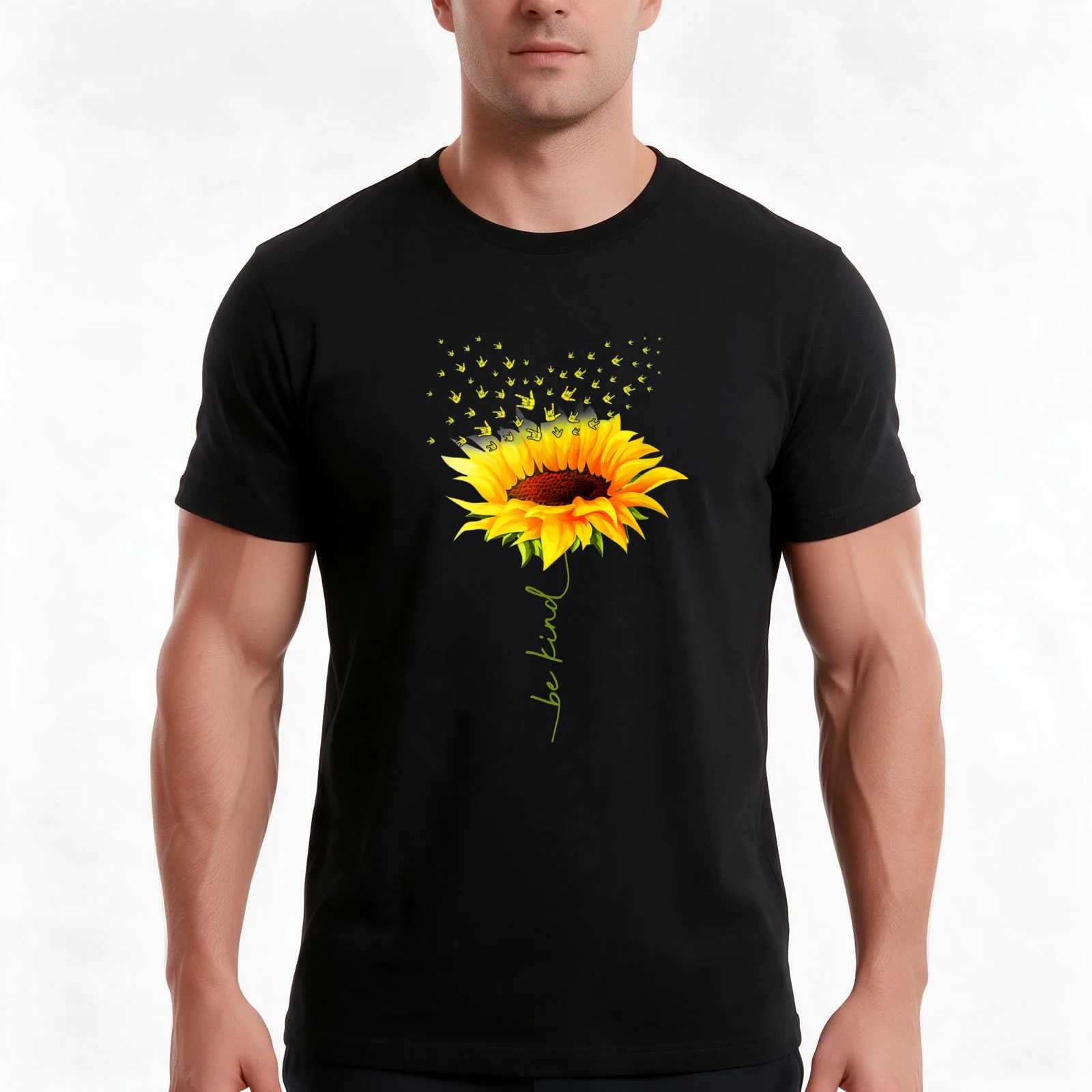 Be Kind Hippie Sunflower I Love You Deaf ASL Sign Language T-Shirt, Summer Casual Cotton Tee, Oversized Streetwear Tops