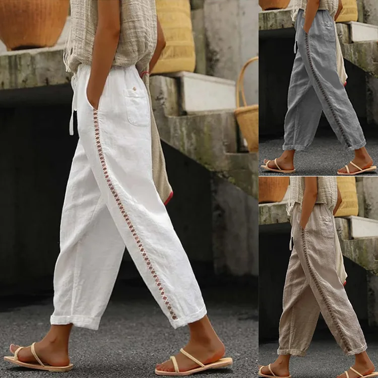 Women Fashion Embroidered Lace Trousers Vintage Lace-Up Pockets Pants Summer Elegant Loose Elastic Waist Long Pants Streetwears
