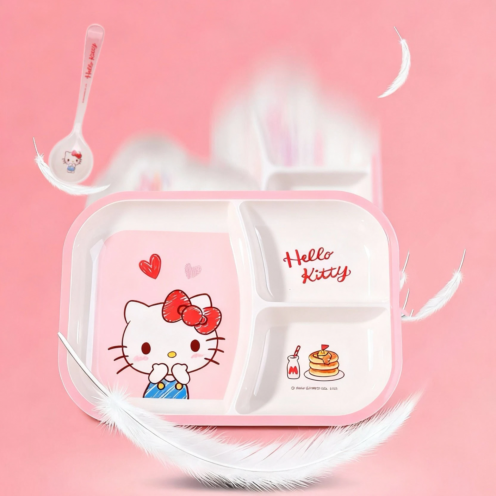 WUHE Hello Kitty Kids Dinner Plate Spoon 3 Divider Melamine Tableware Set BPA-Free for Noodle Salad Dishwasher Safe view 6