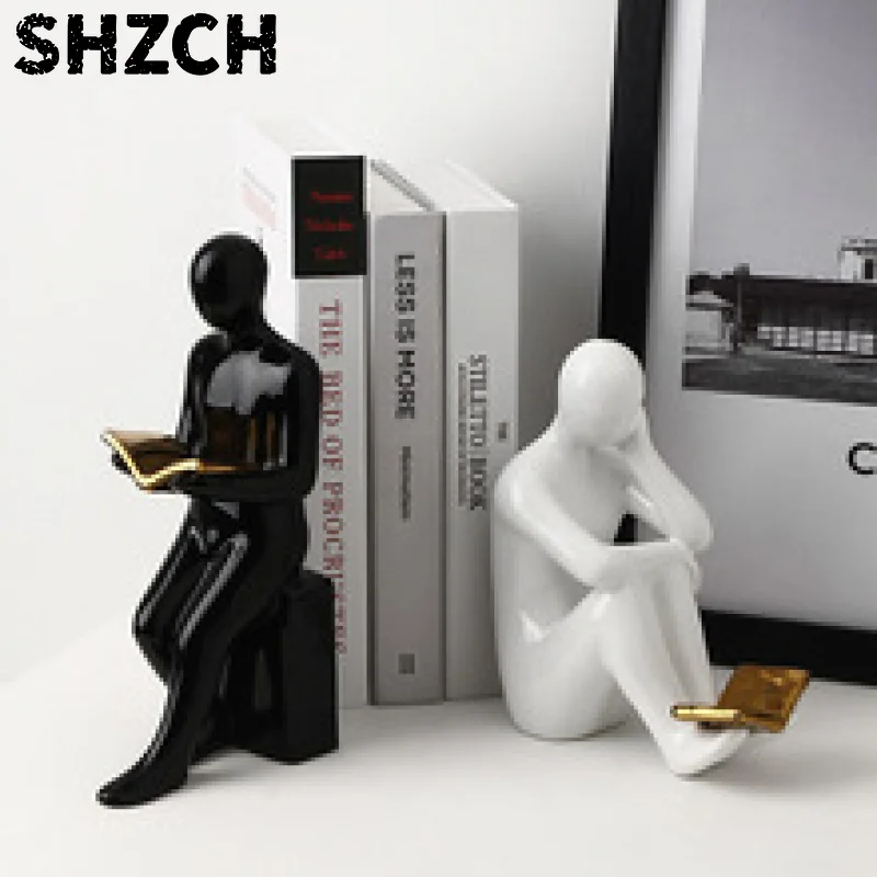 Reader Shape Crafts Statue Ceramic Bookends Library Bookshelf Crafts Ornaments Minimalism Character Sculpture Creative Bookends