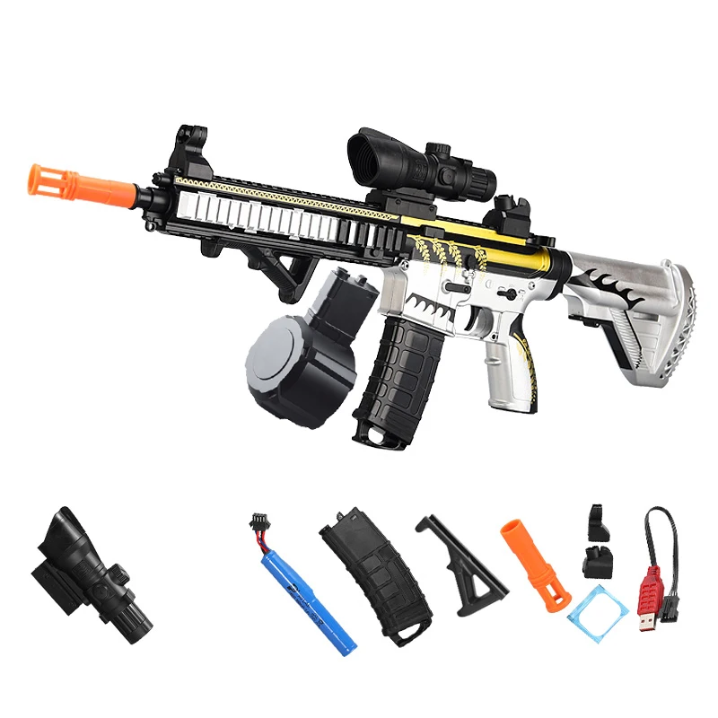 7.4V High-speed Burst M416 Gel Ball Toy Gun With Orange Plug And Double Magazine For Outdoor Interactive Parent-child Games.