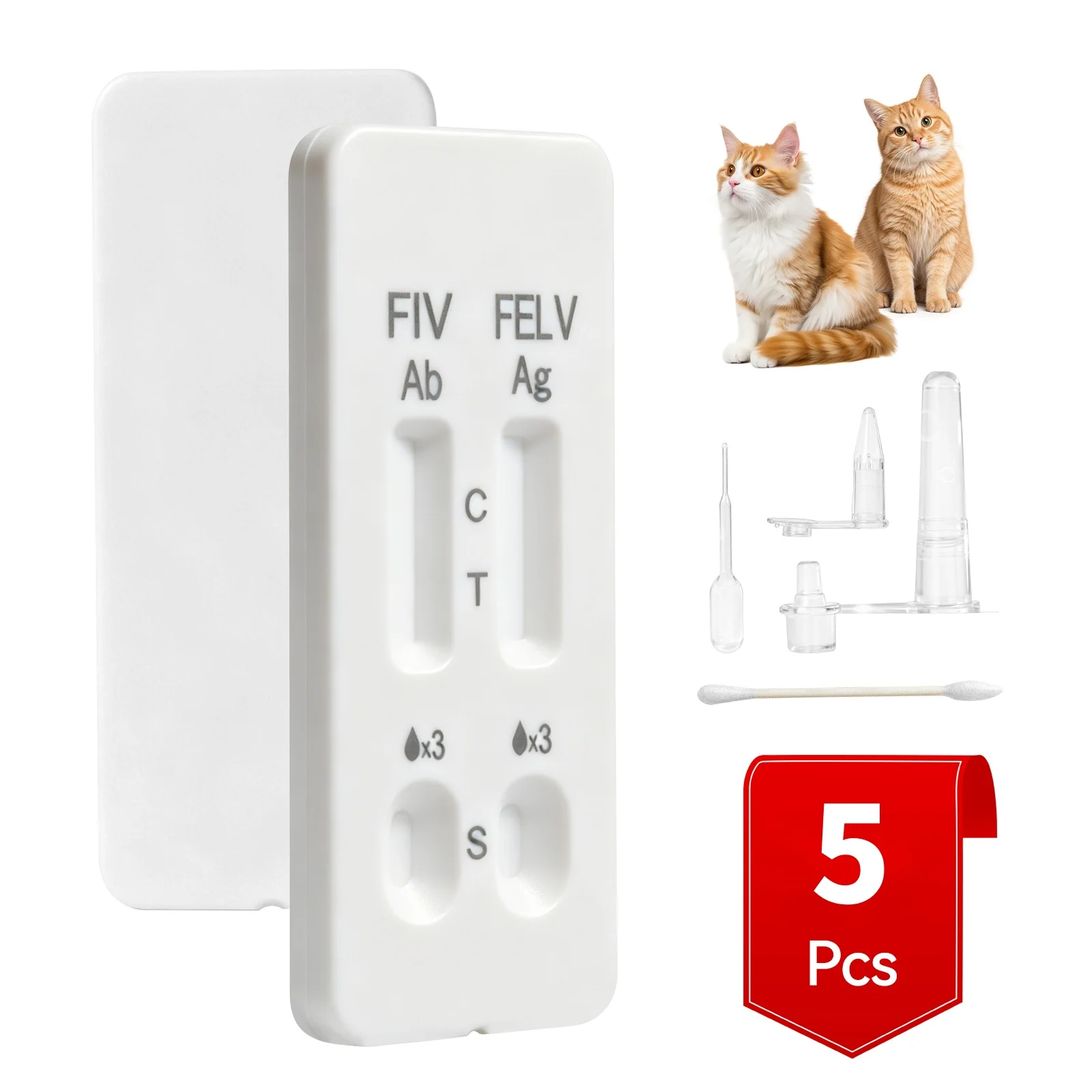 5 Kits de Prueba Combinada (FIV+FeLV) para Gatos, para la Inmunodeficiencia y Leucemia Felina