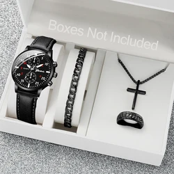 4pcs/set Fashion Men's Watch Casual Arabic Dial Leather Band Men Business Watches Jewelry Set（Without Box）