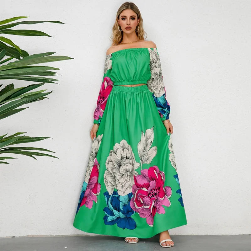 Women's Vintage Long Sleeve Backless Top and AWord Wide Hem Printed Skirt, 2-Piece Suit, Hot, Plus Size