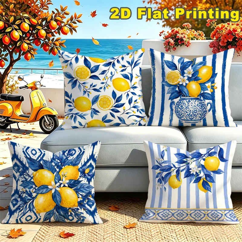 Set of 4 Blue White Lemon Print Throw Pillow Covers Mediterranean Summer Coastal Cushion Decor for Living Room Home Accents