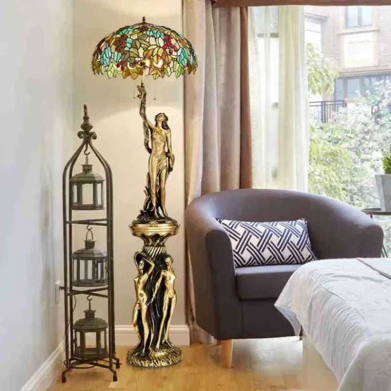 Copper Floor Lamps European Lampshade Floor Light Atmosphere Stained Glass Statue Sculpture Bedside Lamp