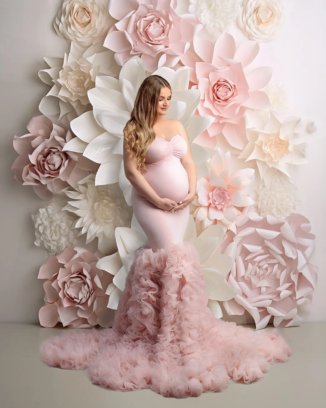 Elegance Pink Mermaid Maternity Dress for Pregnancy Women Tiered Tulle Skirt Stretch Silk Maternity Photoshoot Dresses Custom