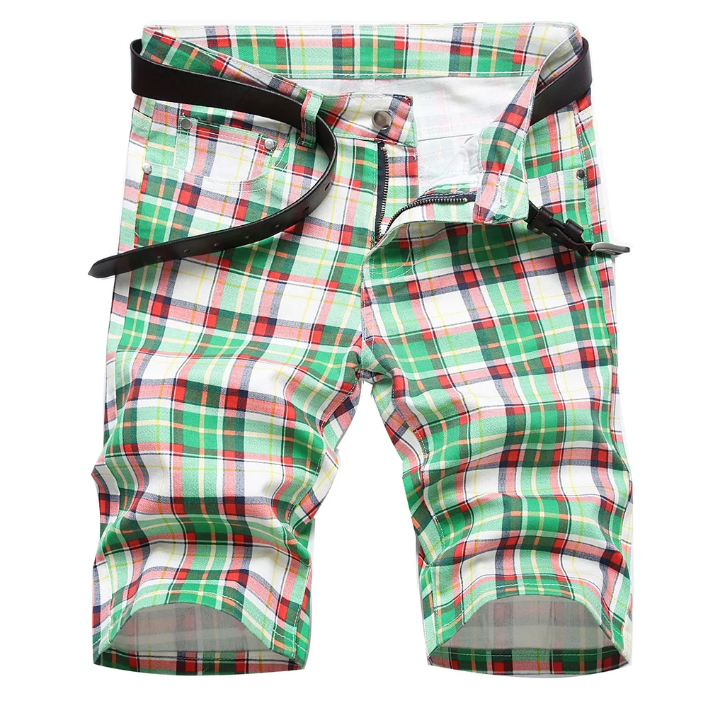 Men Plaid Print Denim Shorts Summer Tartan Stretch Jeans Knee Length Slim Straight Breeches