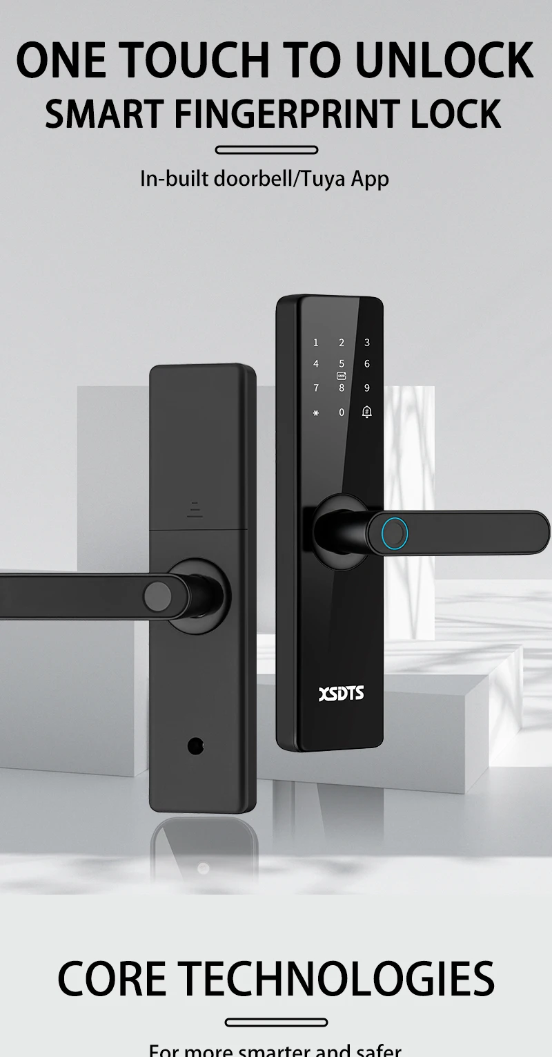 XSDTS Electronic Smart Door Lock With Biometric Fingerprint Smart Card Password Key Unlock USB Tuya APP Emergency Charge Lock