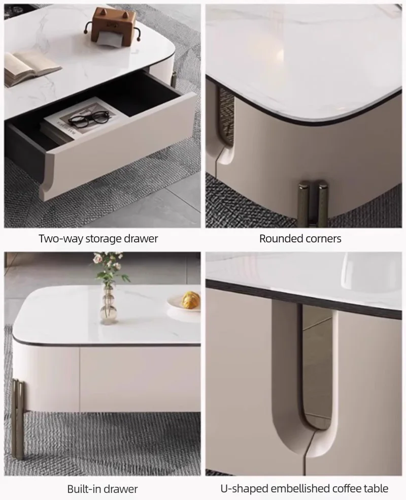 Compact Coffee Table for Living Room White Home Interior Table Modern Minimalist Center Table with Hidden Double Storage Drawers