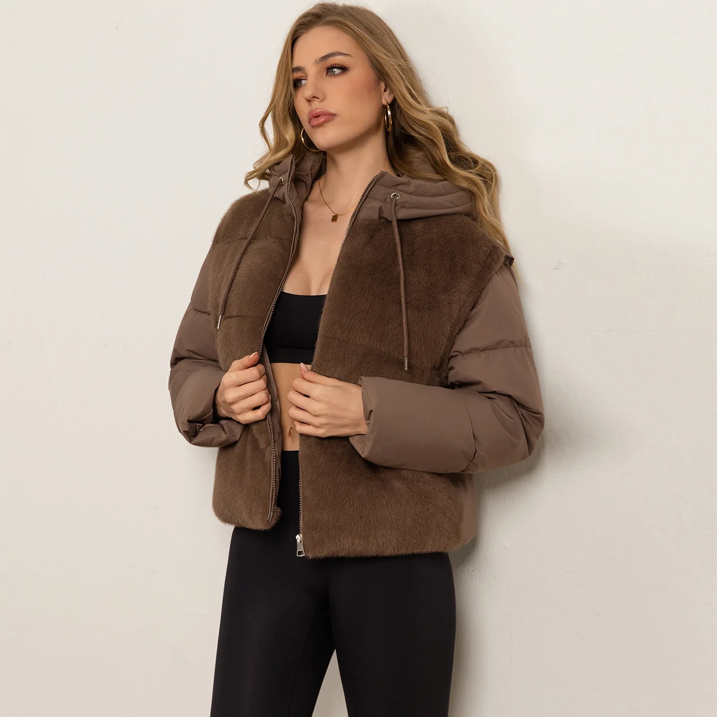 Coat Women Winter Jacket New Style Hooded Detachable Sleeve Patchwork Fashionable Versatile Cotton with A Western Style Loose