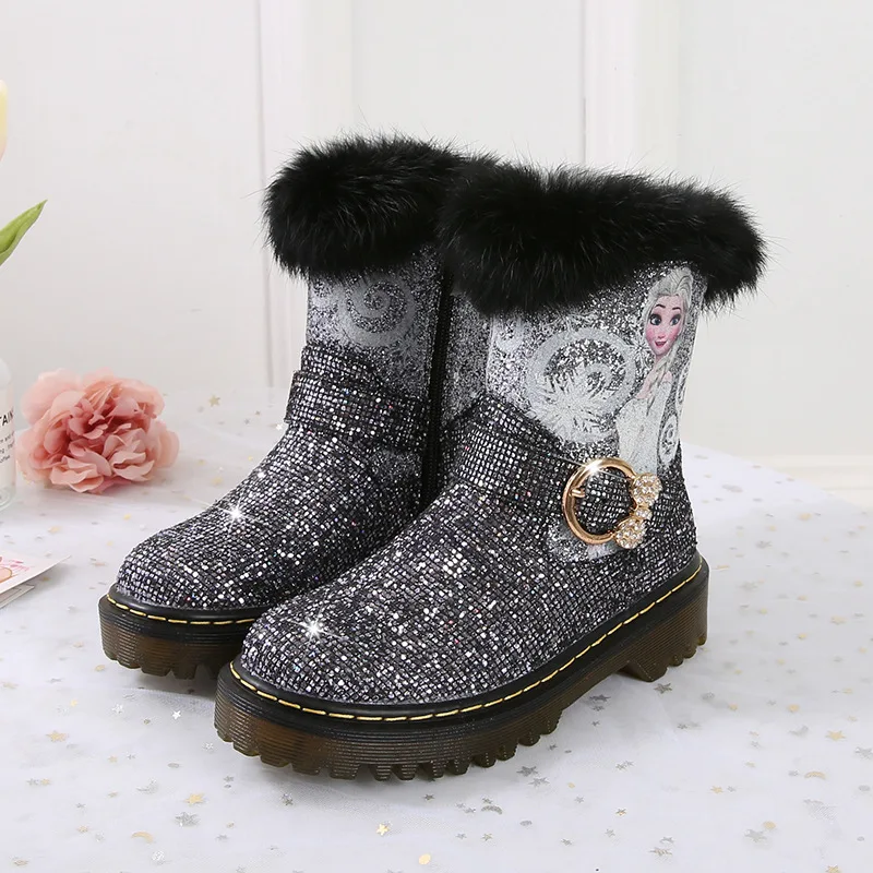 Disney Frozen Elsa Princess Kids Cartoon Ankle  Boots Winter Princess Girls Fashion Children Thick Bottom Sneakers Blue Shoes