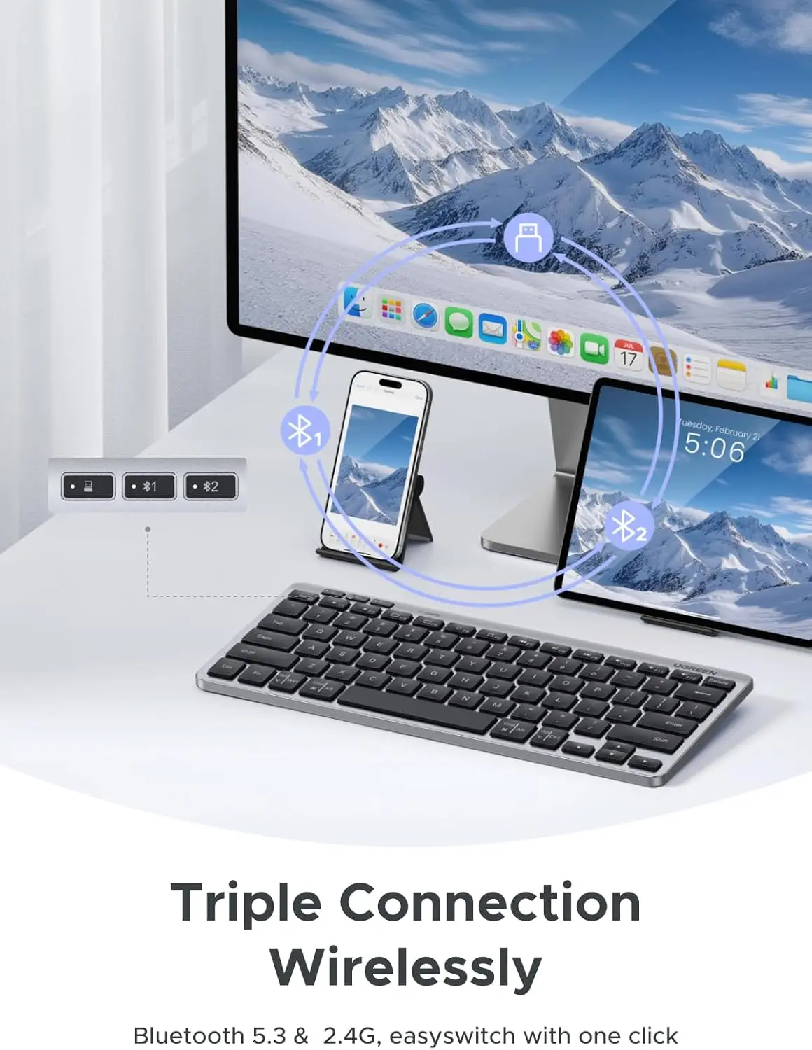 UGREEN Slim Wireless Blue-tooth 78Keys Keyboard 3 Device Free Switching Blue-tooth & 2.4G Compatible with Windows macOS iOS
