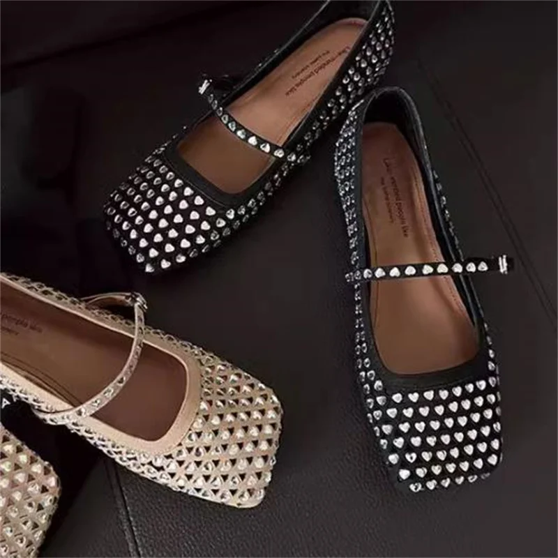 

Rhinestones Mary Janes Square Toes Flat Heels Front Strap Shoes for Womens Shallow Zapatos Mujer Solid Ladies Crystal Chassure