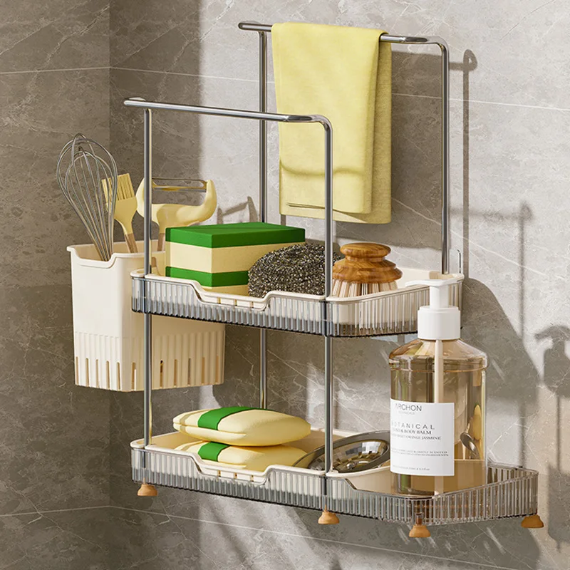 

Wall Mounted Soap Sponge Holder Storage Rack with Towel Rag Hanger Brush Cutlery Organizer Drainer Tray for Kitchen Accessories