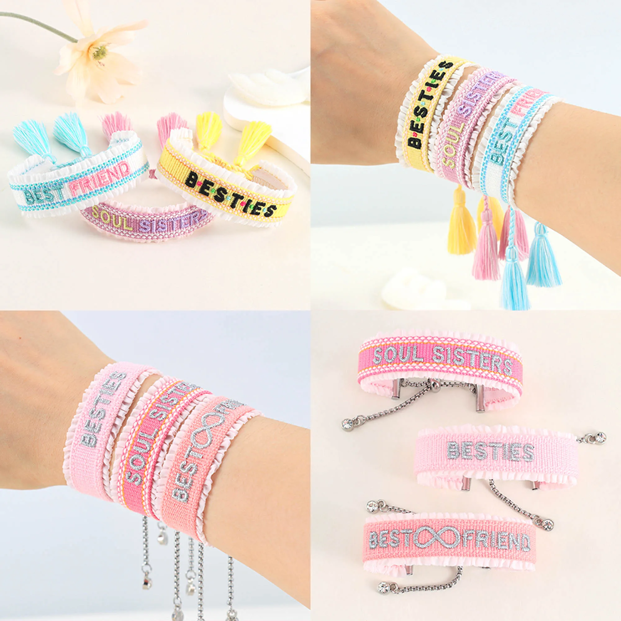 6pcs BESTIES Friendship Bracelets Ruffles Edged Embroidery Bracelet Sisters Wristband Braided Rope Gifts for Best Friends