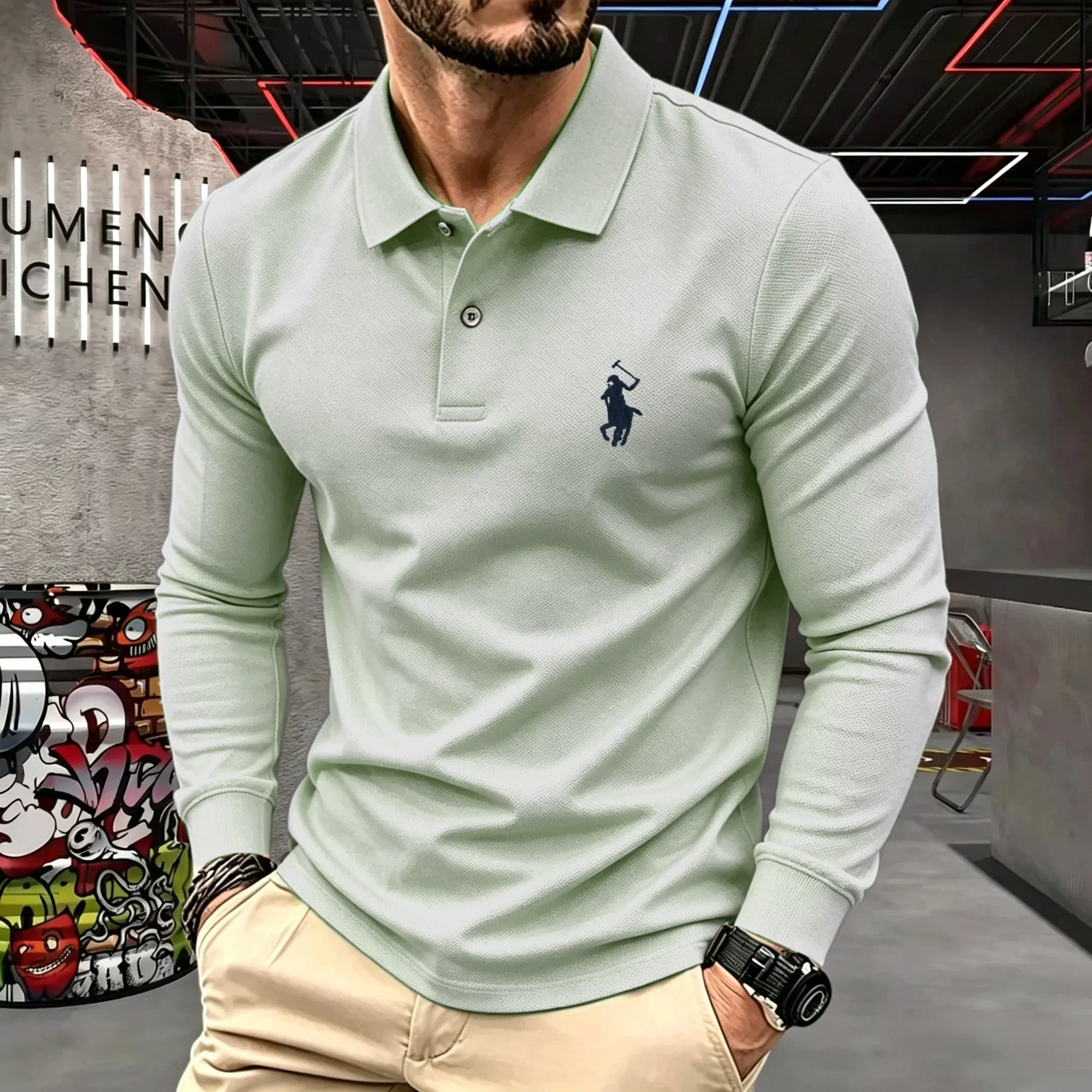 100% reine Baumwolle, hochwertiges Marken-Herren-Langarm-Poloshirt, Herbst-Winter, modisch, luxuriös, bestickt, Golf-Oberteil, lässiges T-Shirt – Detail 13