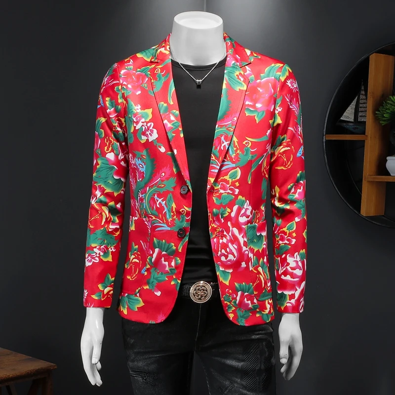 

Chinese Style Floral Print Suit Jacket for Men Trendy Wedding Stage Performance Suit Jacket Street Wear Social Men Clothing 2025