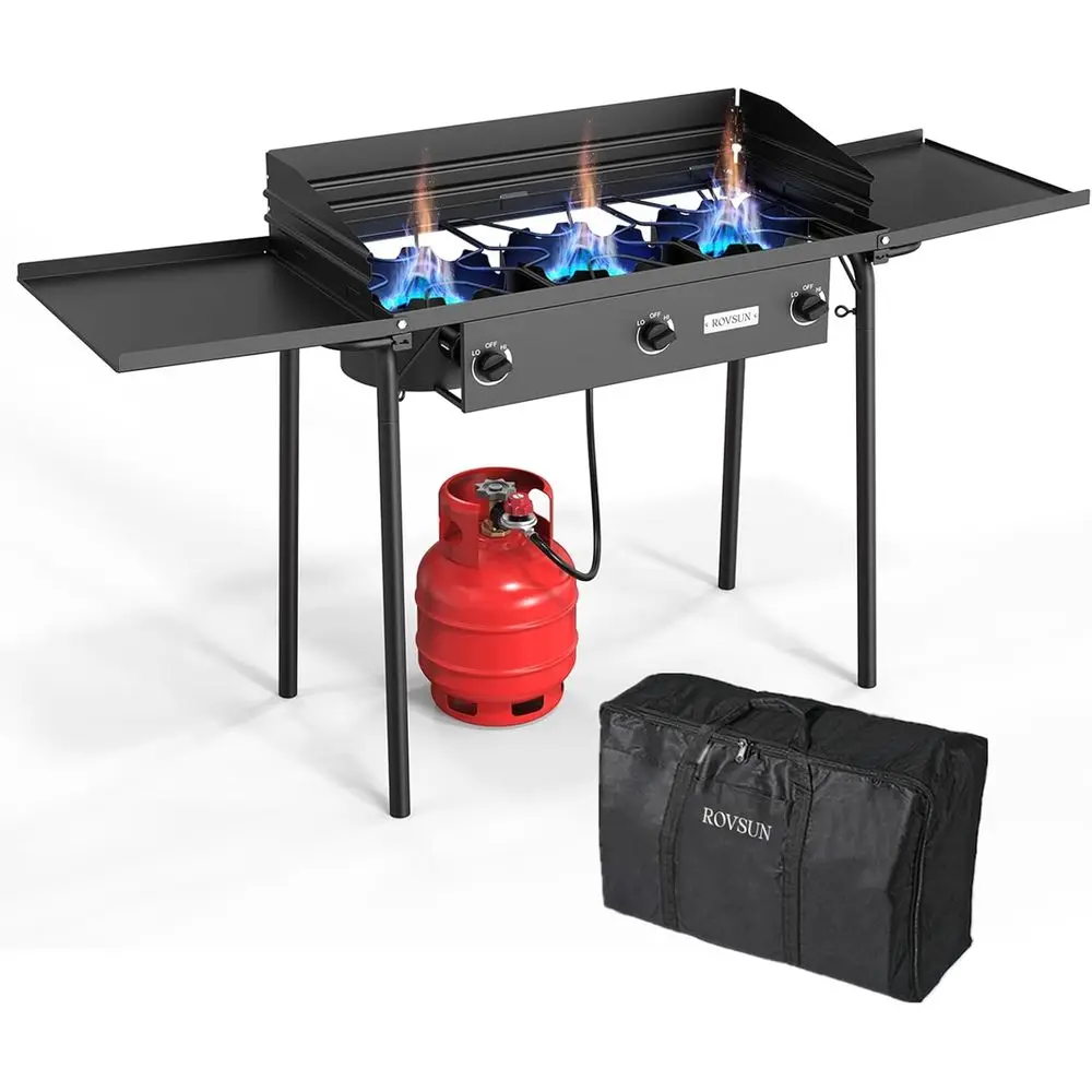 

Portable 3-Burner Propane Stove with Side Shelf, Wind Panel, and CSA-Listed Regulator for Outdoor Cooking and Camping
