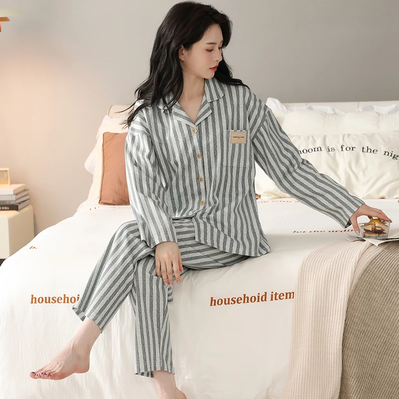 

Women Modal Cotton Cardigan Nightwear Suit Spring Autumn Long Sleeve Pajamas Casual Homewear Big Yards 4XL Striped Pijamas Mujer