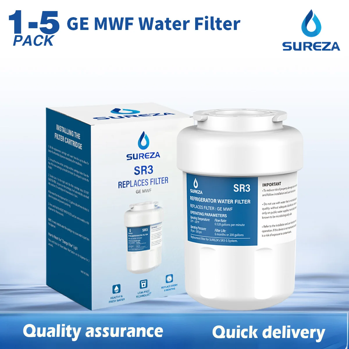 

Water Filter Replacement for GE Smart Water Filter MWFP MWFA GWF GWFA GWF01 WFC1201 RWF1060 46-9991, 1-5 PACK