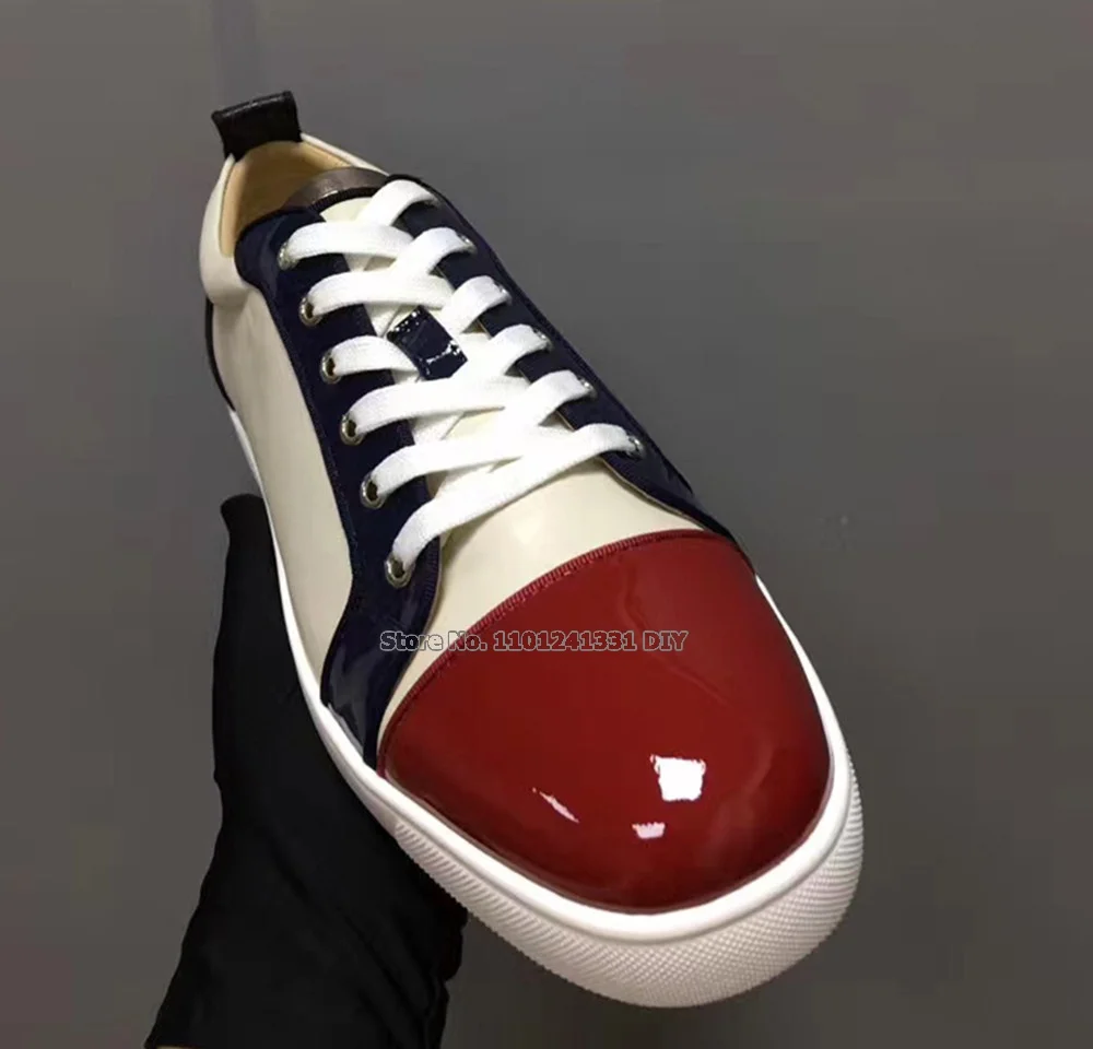 Red Patent Leather Toe Men Breathable Lace Up Flats Casual Shoes Low Top Sneakers Bottom Zapatillas Hombre Plus Size 38-47