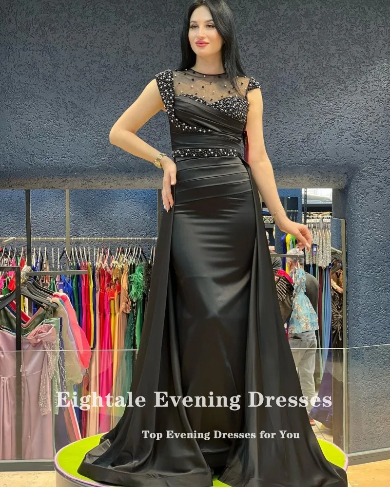 Eightale Elegant Evening Dresses Black Arabic O-Neck Beaded Mermaid Satin Customized Prom Party Gown for Wedding formal occasion