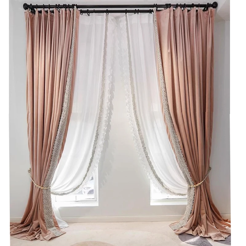 

Modern French Curtains for Living Room Luxury Pink Velvet Cortina Bedroom Lace Drapes Tulle Window Curtain Home Custom Rideau