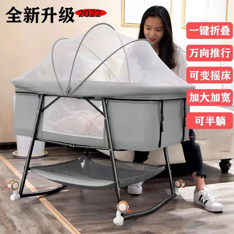 Baby Crib Multifunctional Foldable Portable Baby 0-3 Years Old Newborn Bb Movable Crib with Wheels