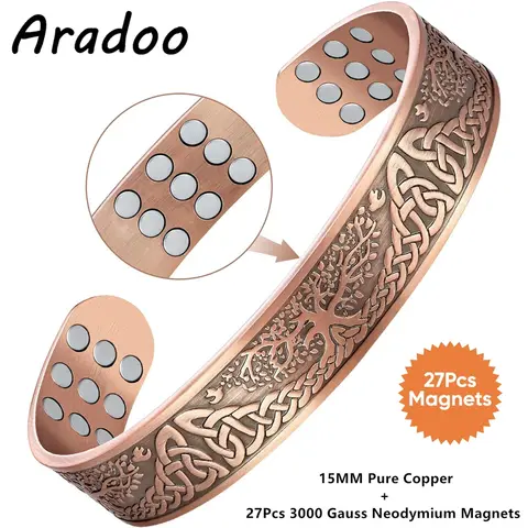ARADOO 네오디뮴 자석 구리 팔찌, 빈티지 라이프 트리 디자인, 순수 구리 팔찌, 쥬얼리 선물, 27 개