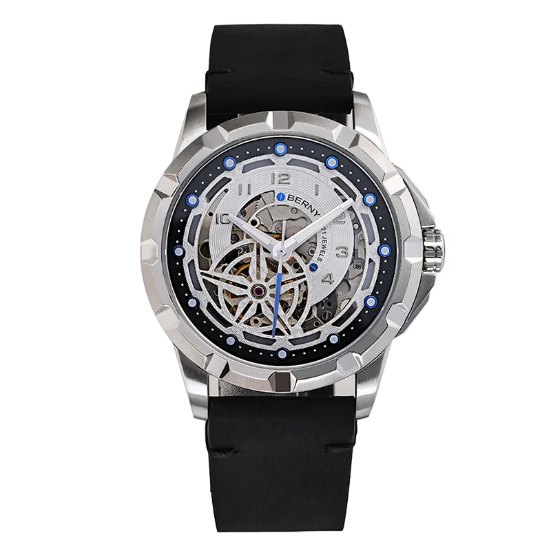 BERNY Männer Automatische Selbstaufzug Uhr BERNY 8N24 Skeleton Mechanische Uhren Luxus Steampunk Leuchtende Wasserdichte Armbanduhr