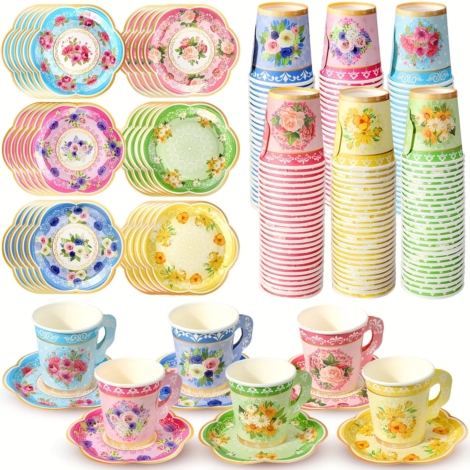 

300-Piece Floral Tea Cup Set – 7oz Disposable Paper Cups with Handles + Matching Saucers for Garden Parties, Weddings, Birthdays, Baby Showers, Bridal Events & Mother’s Day Celebrations (Serves Approx. 150 Guests)