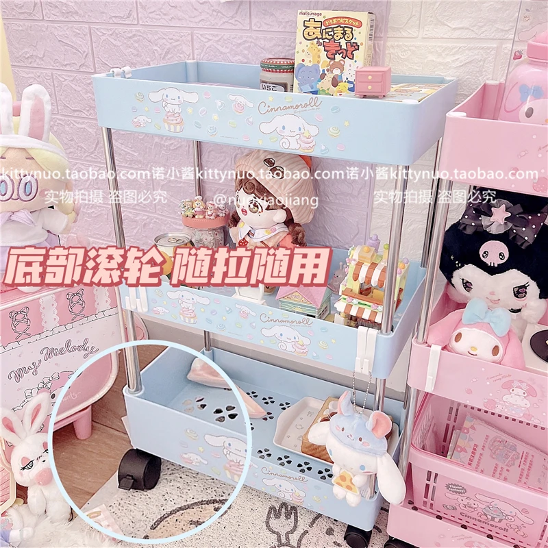 Kawaii Kt My Melody Cinnamoroll Cartoon Three-Tier Wheeled Rack Anime Sanrioed Girl Heart Floor Trolley Storage Rack Mobile