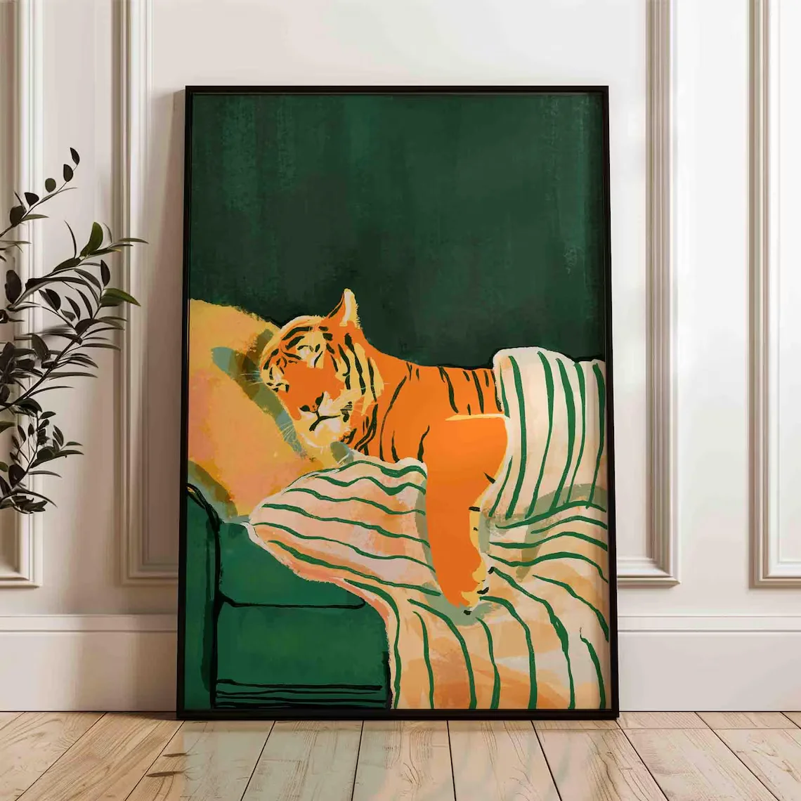 Smaragdgrüner Tiger-Kunstdruck, moderner Tierdruck, dunkelgrüne Wohndekoration, ästhetisches Kunstwerk, grüne und orangefarbene Malerei, Schiff