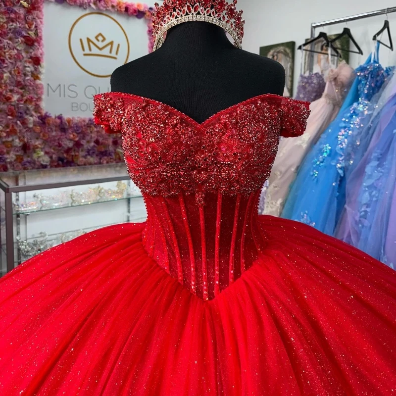 Red Shiny Princess Off The Shoulder Quinceanera Dress Ball Gown Beading Crystal Tull Corset Sweet 16 Vestido 15 De Años