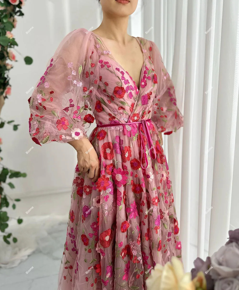 Booma Floral Prom Dresses V Neck Lace A-Line Wedding Party Dress Long Puff Sleeves Ankle Length Birthday Evening Gowns for Women