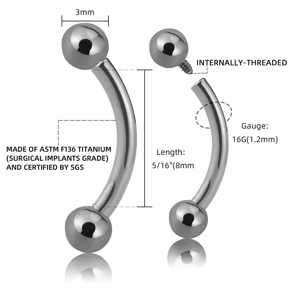Internal Thread G23 Titanium Curved Barbell Eyebrow Tragus Helix Ear Belly Lip Ring Body Piercing Jewelry