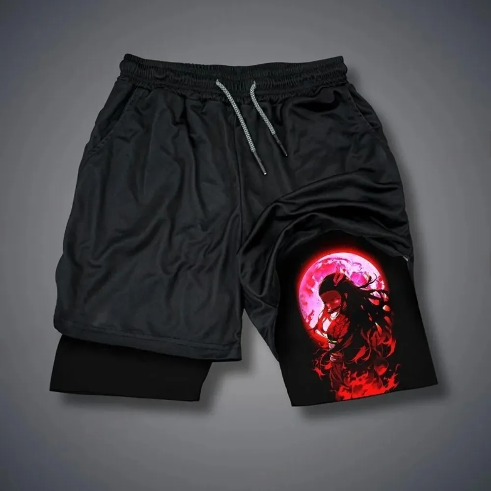 

Мужские двухслойные шорты Demon Slayer Nezuko Kamado, летние быстросохнущие шорты из двух предметов японского аниме для занятий спортом и фитнесом