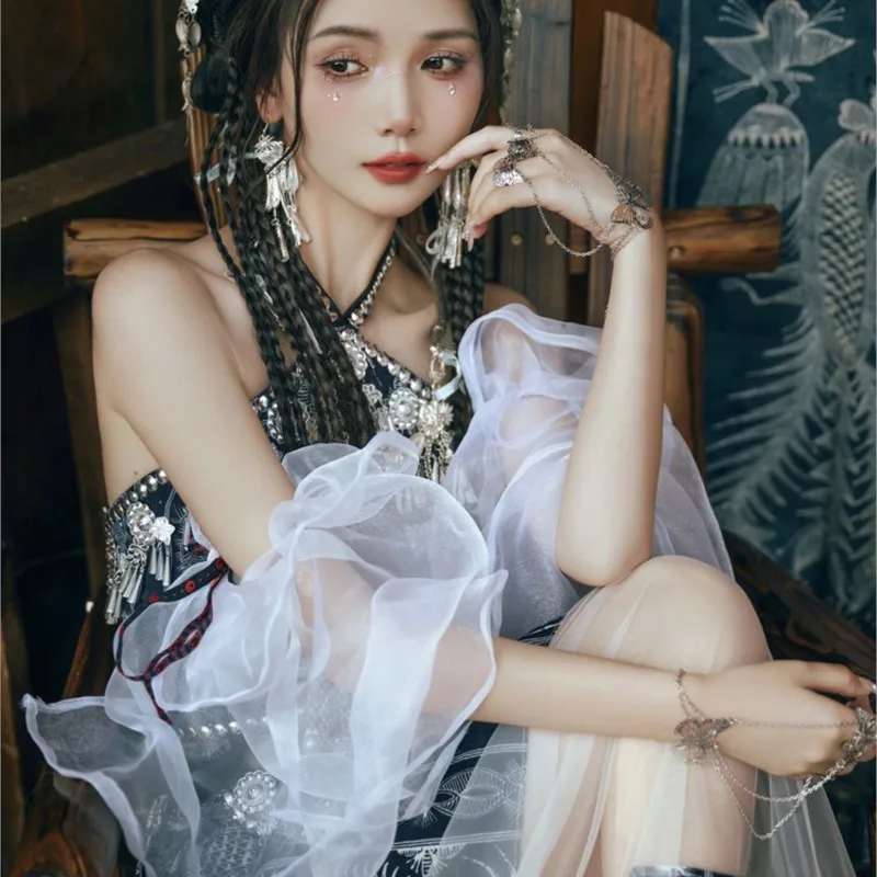 New dress national batik with chest long skirt and bubble sleeve clothing style photography performance