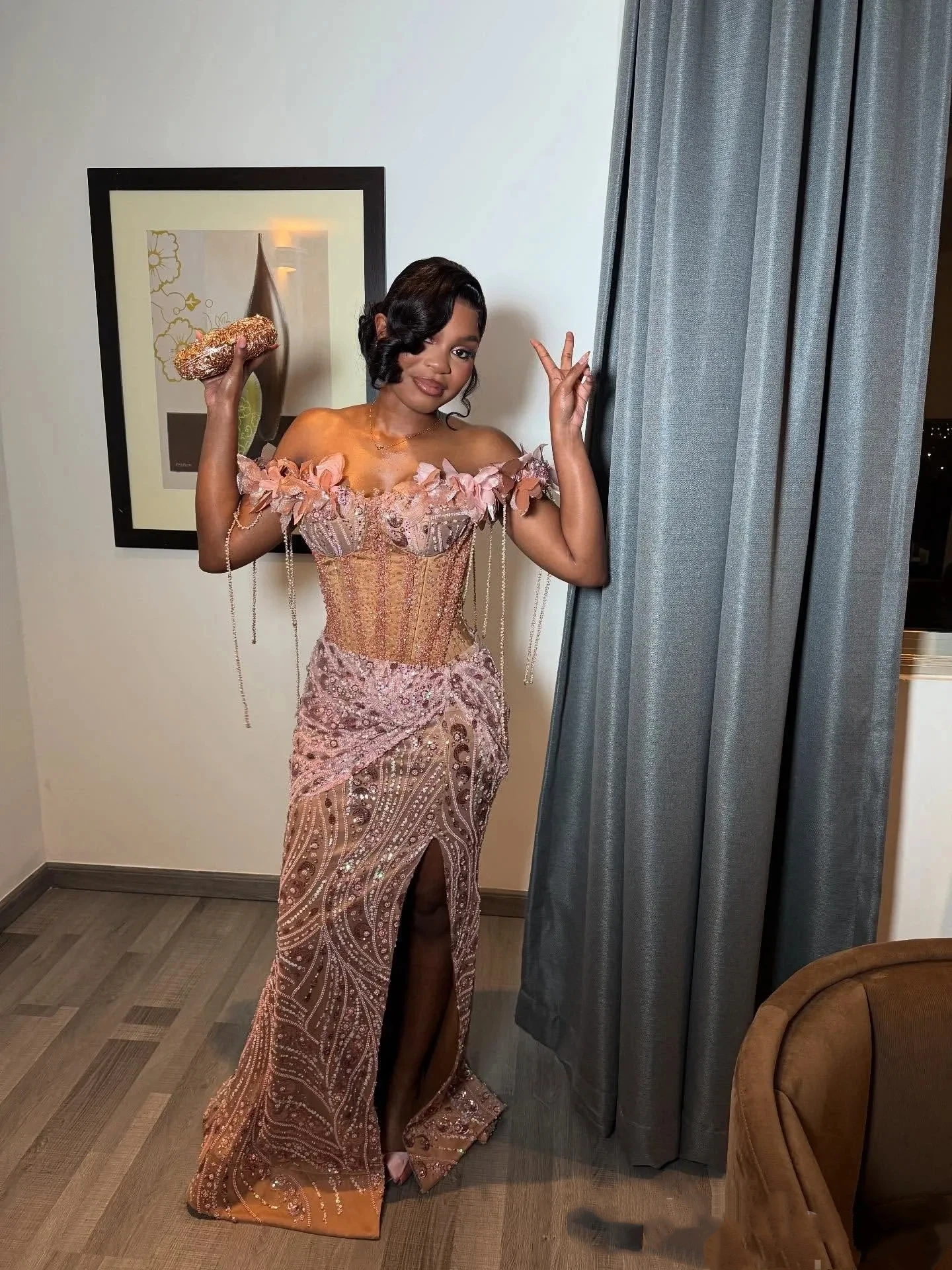 

African Evening Dresses for Women 3D Flower Beaded Mermaid High Slit Corset Ball Gown Aso Ebi Wedding Guest Dress Customized