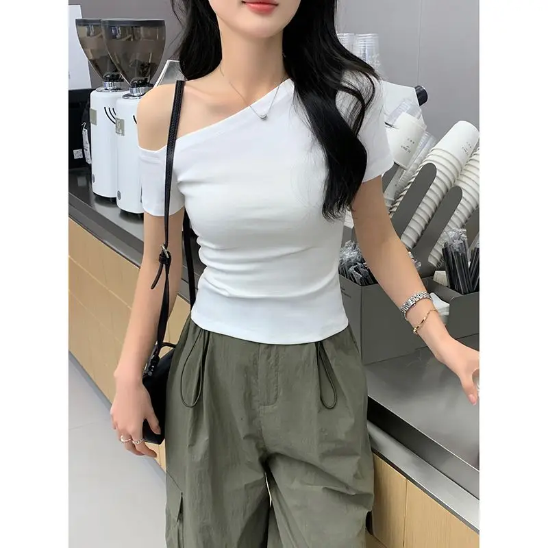

Off Shoulder T-Shirt Women Autumn Clothess Stitch Detail Bow Tie Square Collar Half Sleeve Pink Crop Hotgirl Fashion Stretchy GF
