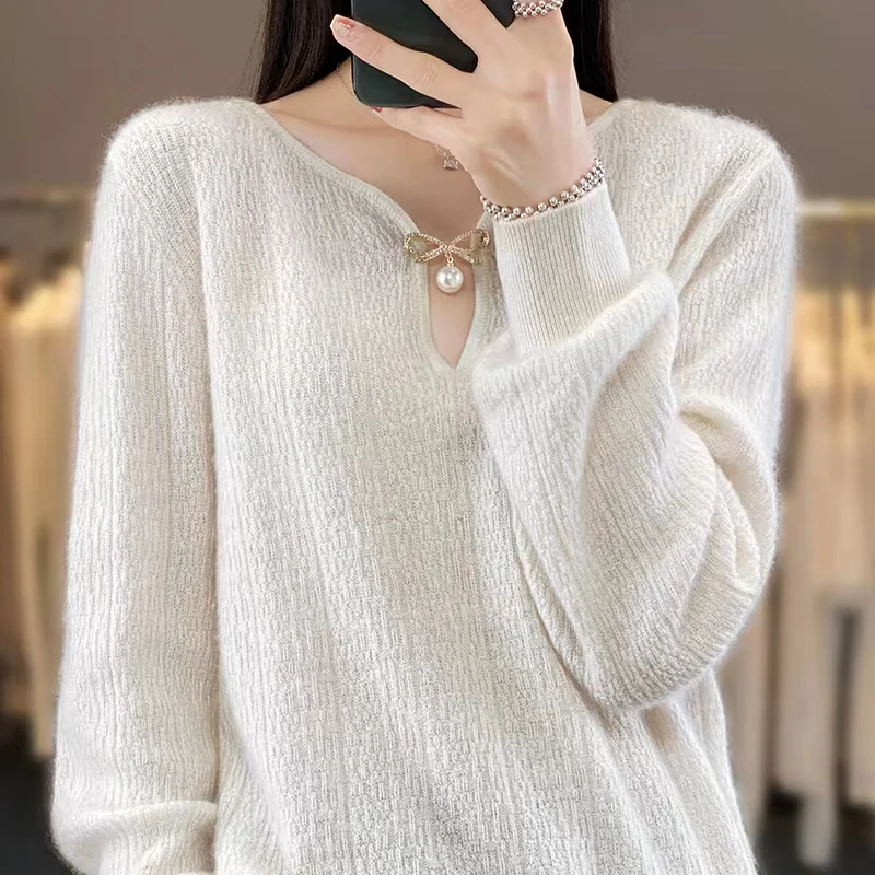 100% Wool Woman\'s Sweater Autumn Winter Jumper Fashion V-Neck Female Pullover Long Sleeve Blouse Loose Large Size Tops Knitted