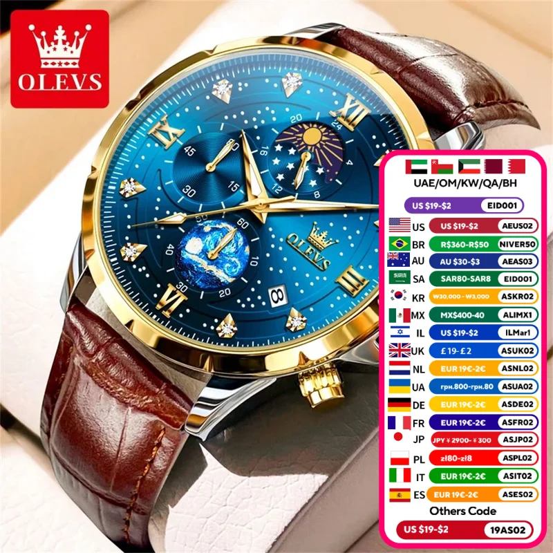 OLVES Men's watch Business Quartz Watch For Men Moon-Phase Date Waterpoof Multifunction Wristwatch starry Dial 9807